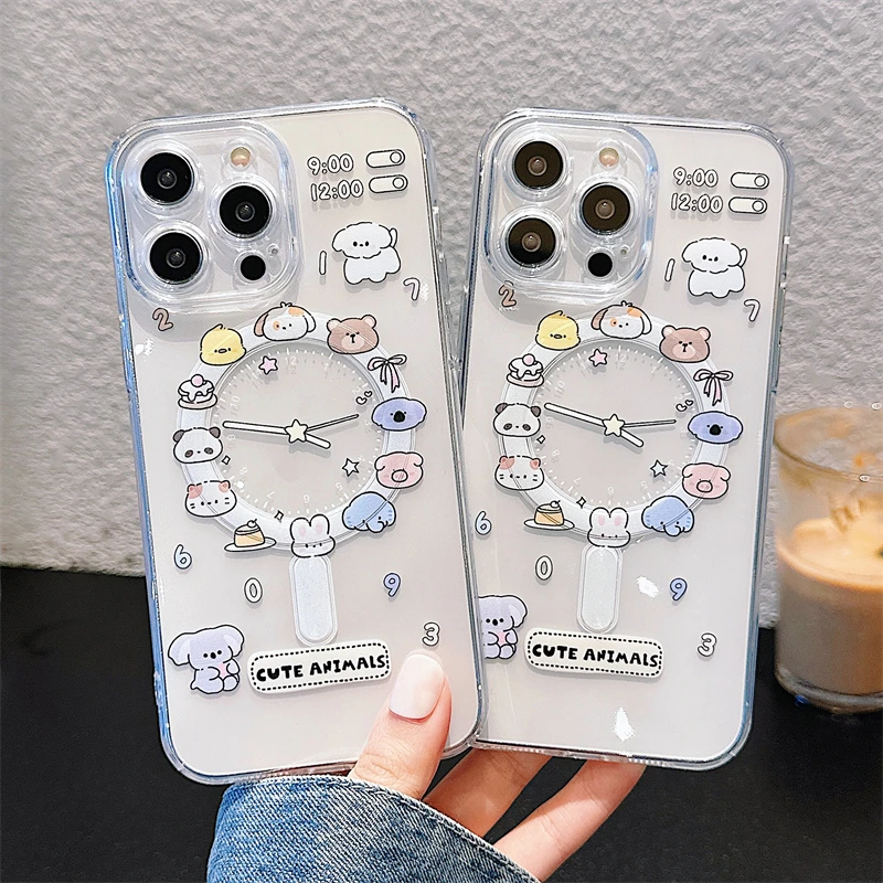 Roztomilý karikatúra zvierací psí mačka Magsafe Clear Pase pre iPhone 16 Pro Max 15 14 13 12 11 plus bezdrôtové nabíjanie magnetický kryt