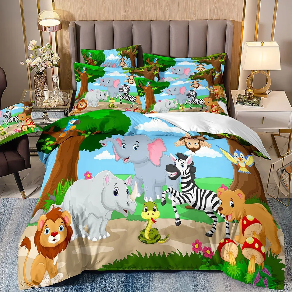 Roztomilý karikatúra zvierací raj postieľky slony slonov pokrývky obliečky 3d zvierat svet malá kráľovná kráľ King Children Cove Cove