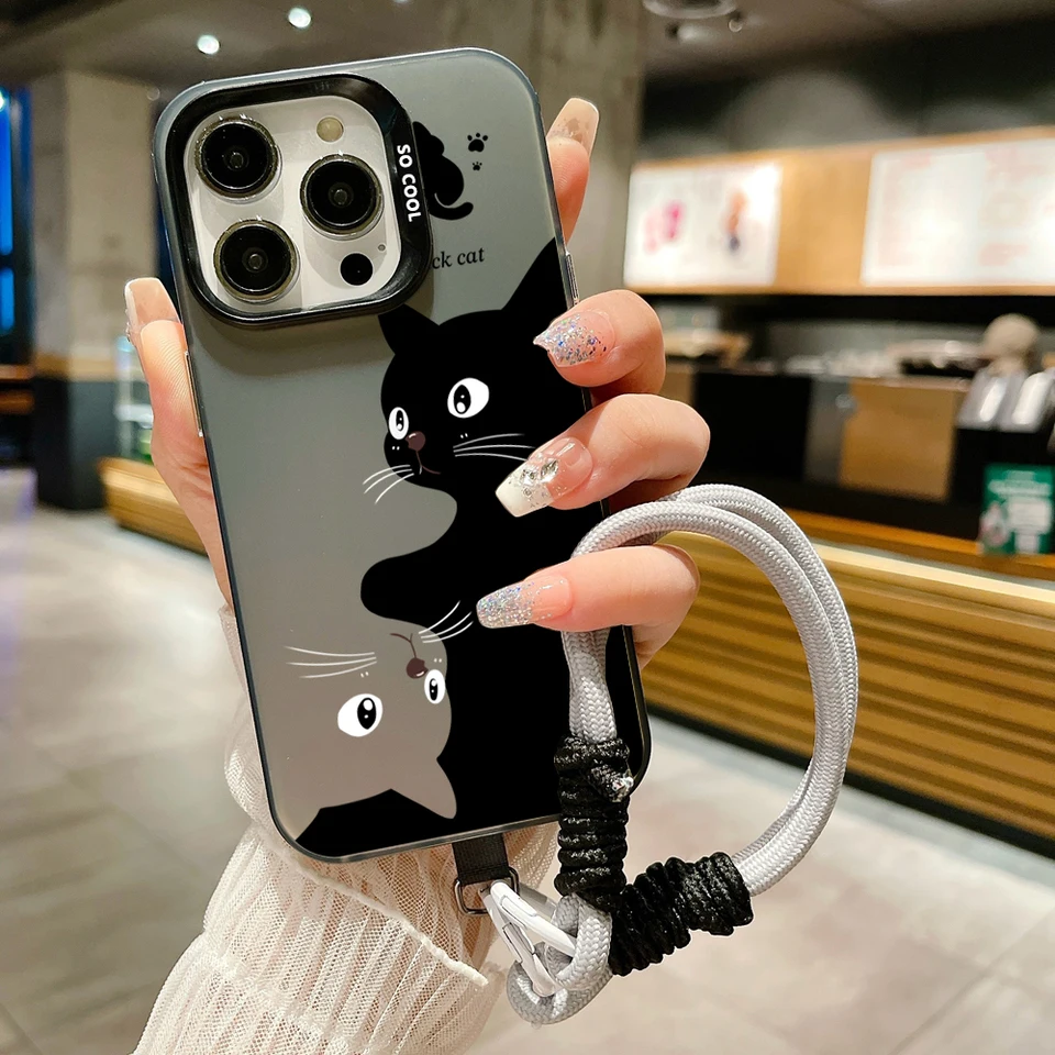 Roztomilý karikatúra čierna mačka Elektroplate šnúrka na šnúrku na popruh pre telefón pre iPhone 15 14 13 12 11 16 Pro Max xs 7 8 8 plus ručný popruh krytu