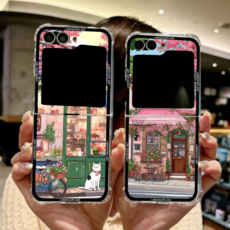 Roztomilý kaviareň mačacie maľované puzdro pre Samsung Galaxy Z Flip 5 4 6 Shock -odolný kryt pre Zflip 4 3 scenérie číre škrupina