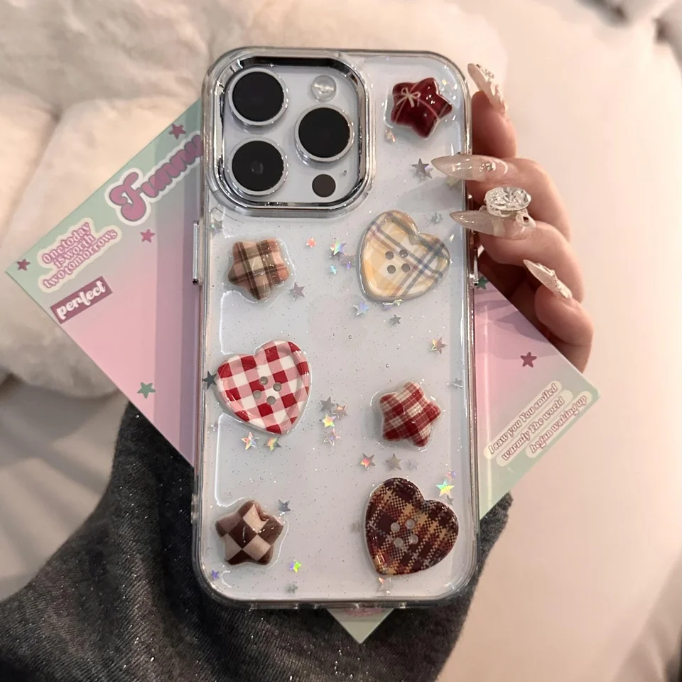 Roztomilý kreatívny epoxidový mriežkový hviezdy Love Heart Button Clear Case pre iPhone 16 15 14 13 12 12 Pro Max 11 Platačný objektív Ochranný kryt
