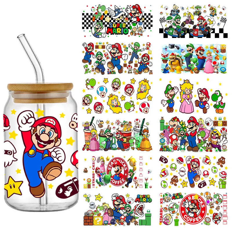 Roztomilý Mario 16oz UV DTF Cup Cup Transfer Sticker Vodotesné prevody prevodov pre 16oz kávové sklenené nálepky na zábal