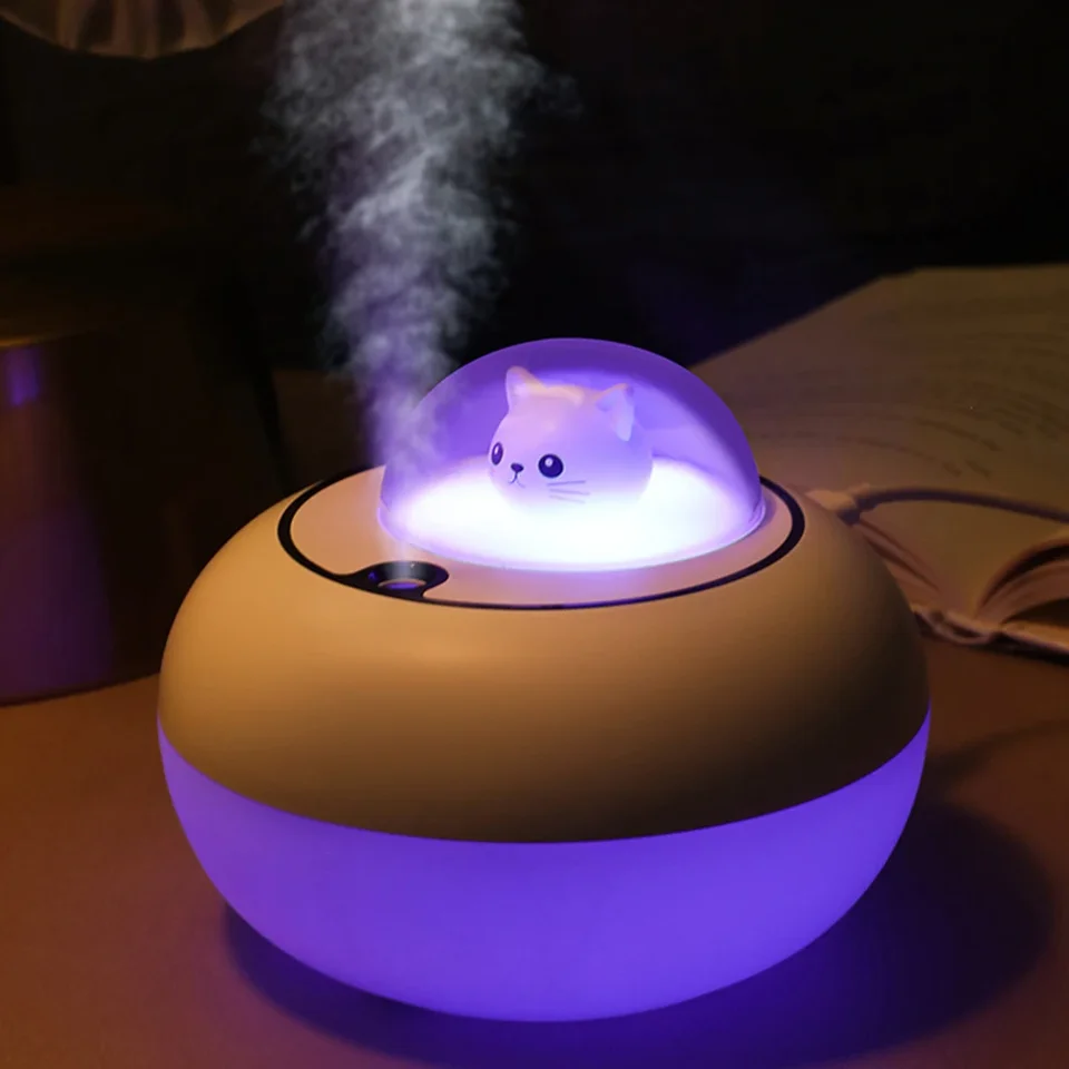 Roztomilý mačkový mini USB Air zvlhčovač s farebným svetlom - tichá aróma Essential Difuser for Home and Office Humidificador de Agua