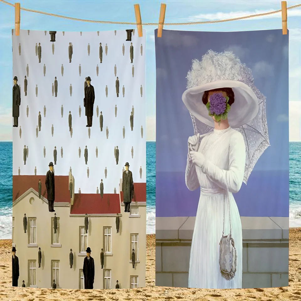 Roztomilý maľba Rene Magritte Microfibet Prikrývka rýchle sušenie plážových uterákov Nadmerná tlačiareň Absorbentná prikrývka uteráka