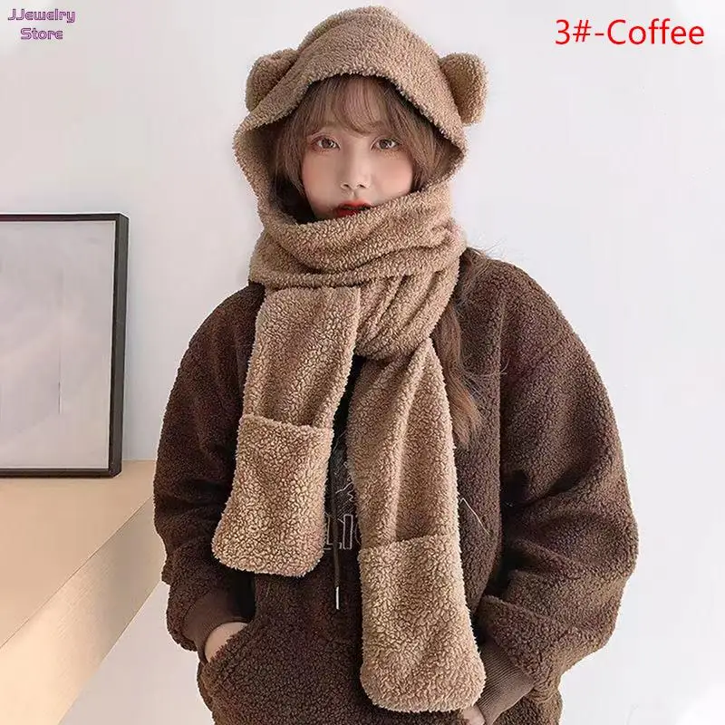 Roztomilý medvedný uší klobúk šál rukavice súprava zimné ženy čiapky čiapky teplé príležitostné plyšové klobúky Príležitostné pevné fleece dievča kawaii darček