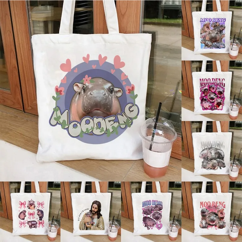 Roztomilý moo deng tlačový plátno tote taška kozmetická taška veľkú kapacitu nákupné tašky make -up tašku ramená kabelka eko girl kabelky