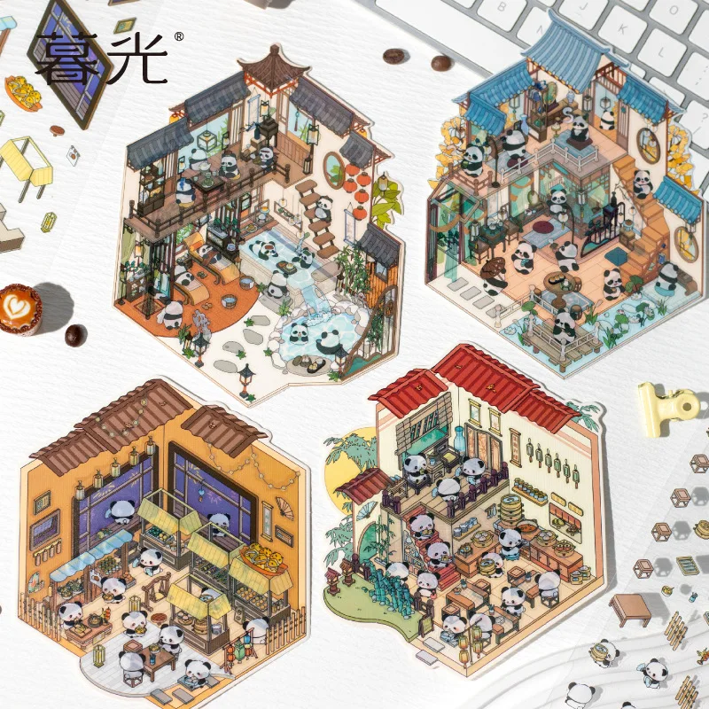 Roztomilý pandan dedina 3D terénne nálepky Čínska miniatúrna scéna DIY kabína scéna ručný účta narodeniny darček pre dieťa dieťa