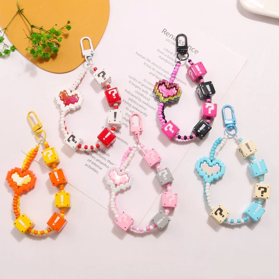 Roztomilý plná farba otáznik budovy bloky Keychain taška dekorácia dekorácie slúchadla dekorácia prívesok akrylový korálkový kľúče