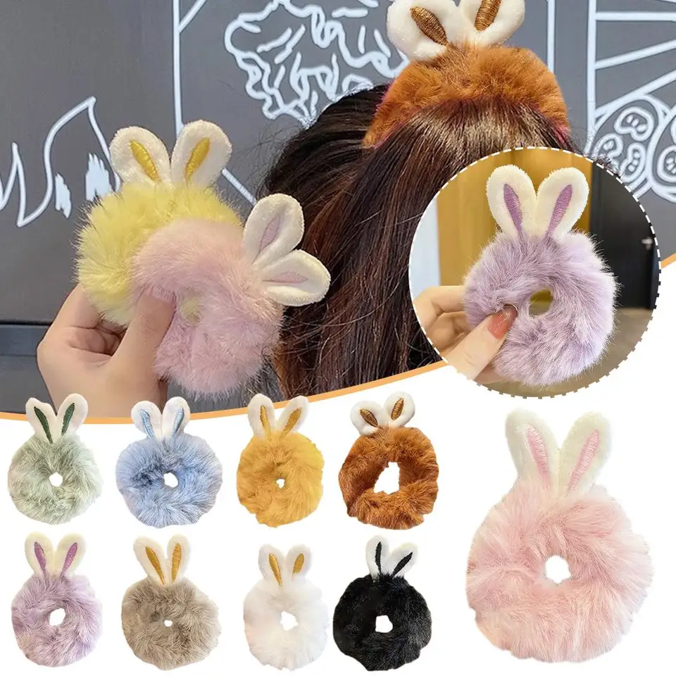 Roztomilý plyšový králik uší plyšové lano lano dievčatá Žena Khaki Elastické kravaty čela pokusné gumové vlasy Scrunchies príslušenstvo medvede vlasy T8x2
