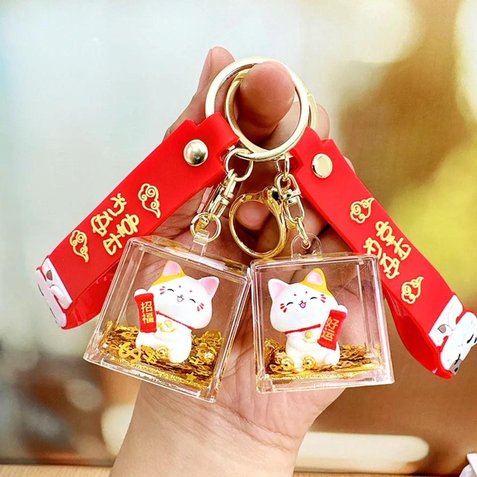 Roztomilý plávajúci olej Šťastný mačka Keychain akrylové bohaté maneki neko prívesok karikatúra anime car keyring bábiky kľúče darčeky