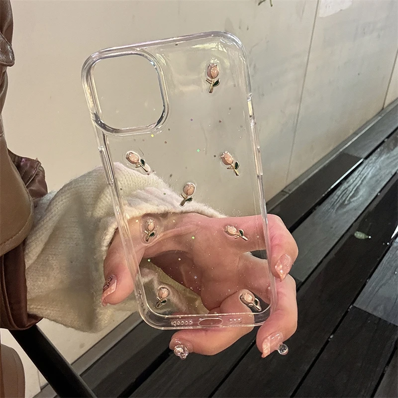 Roztomilý priehľadný epoxidový tulip kvetinový puzdro pre iPhone 15 14 13 12 11 11 Pro Max Kórejský štýl Shock -odolný ochranný zadný kryt