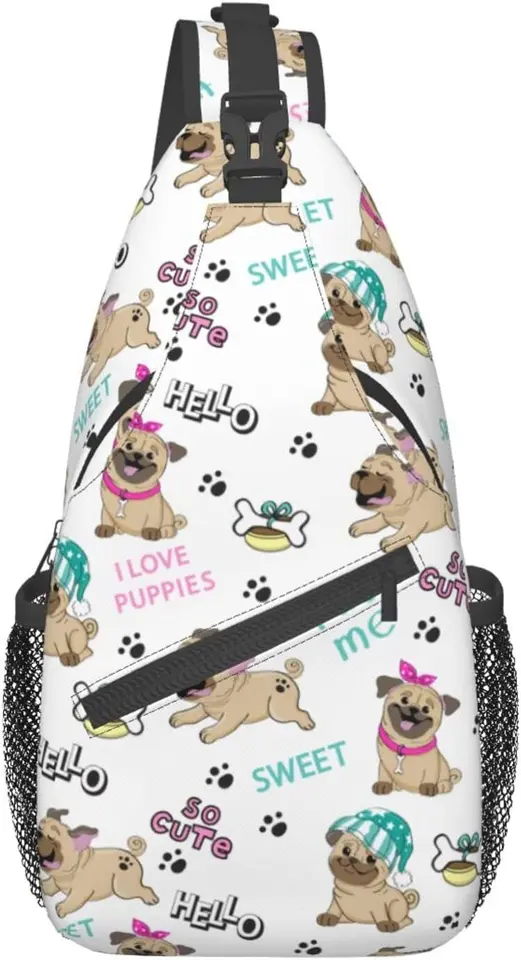 Roztomilý psí mopsok prasový taška Crossbody Funny Dog Print hrudník batoh v taške na rameno neformálne športové batoh vonku cestovanie na turistiku