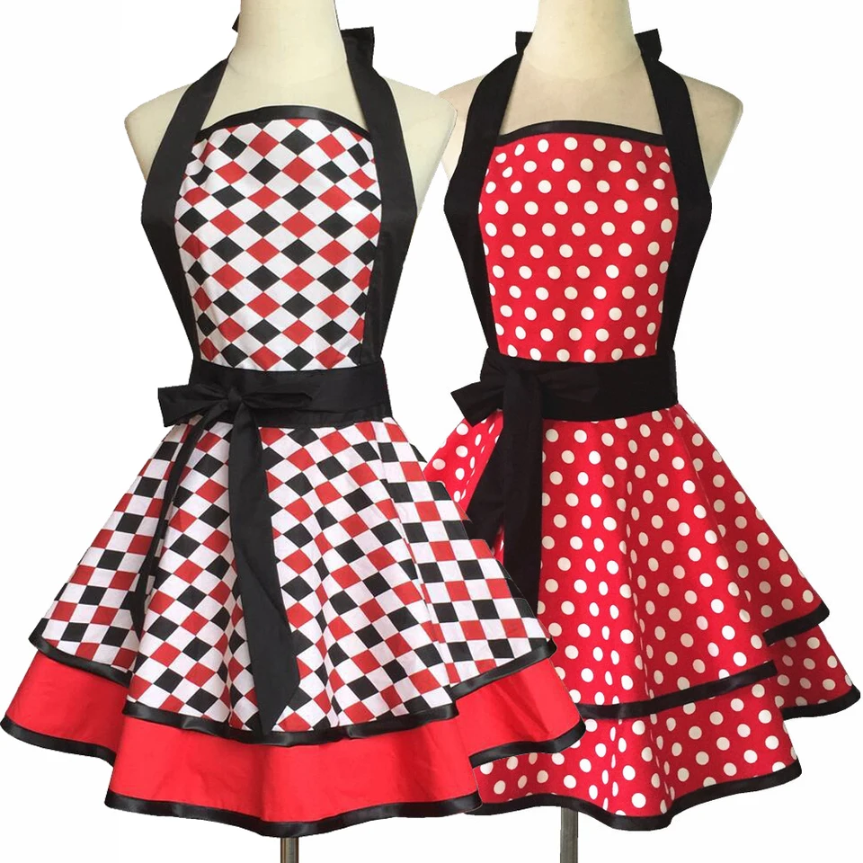 Roztomilý retro zástera Lacy Vintage Maid Polka Dot Cooking zástera Kuchyňa nastaviteľné zástery Bib pre ženy dámy