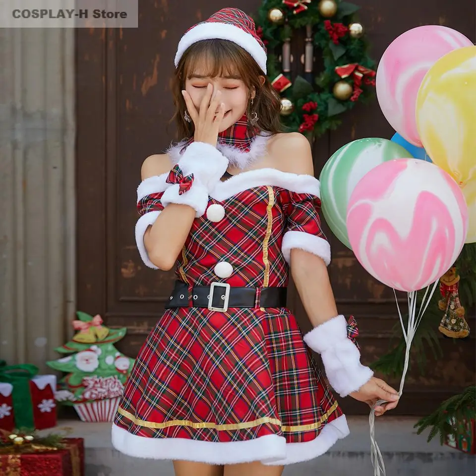 Roztomilý Santa Claus kostým vianočné dospelé ženy Red Checkered Stripe šaty Sexy Rameno Nový rok vianočné šaty s opaskom