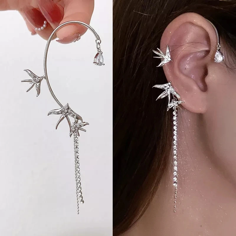 Roztomilý spona na vtáčie uší bez prepichnutého dlhého reťazca Strieborná farba krištáľové eearringy Háčka pre ženy zvieracie šperky