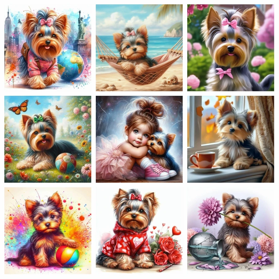 Roztomilý Yorkshire Terrier Pet Dog 5D Diamond Painting Art Art Malé šteňa zvierací výšivka krížový steh pre domácich majstrov