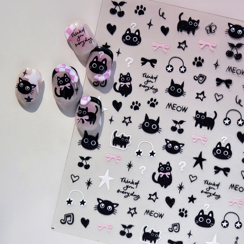 Roztomilý čierny mačka bowknot hudba mačiatko malianka výtlačky hviezda Love Heart Cherry Meow Egyptský rýb faraón na nechty na nechty