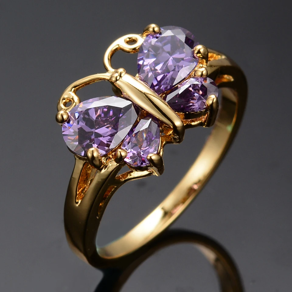 Roztomilý ženský krištáľový motýľ kúzla zlatá farba tenké svadobné šperky pre ženy fialová zirkónová kamenná zásnubná prsteň