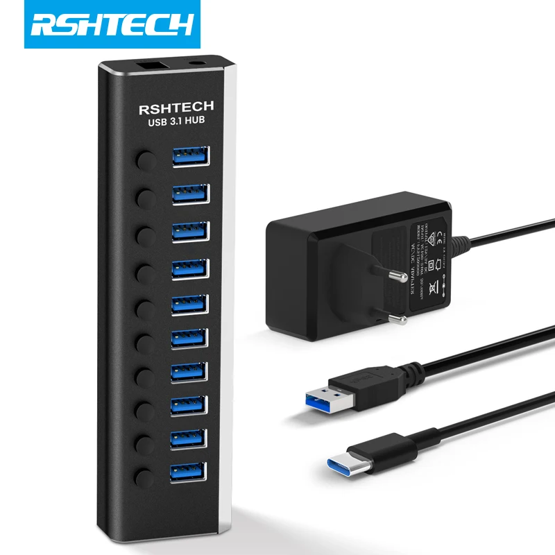 Rshtech USB 3.1 Hub 10-port prenos údajov 10 Gbps hliník 36W USB Rozšírené náboje s 12V/3A napájacieho adaptéra USB C Splitter