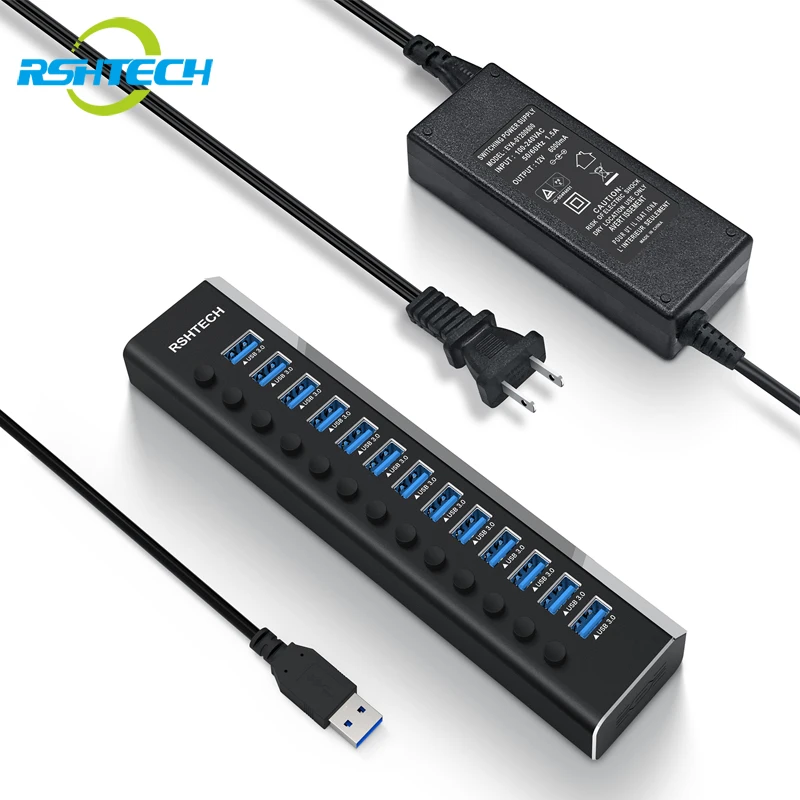 RSHTech USB Hub Aluminium 13/16 Port USB 3.0 Splitter 5 Gbps Prenos dát s jednotlivými prepínačmi zapínania/vypnutia pre prenosný počítač PC