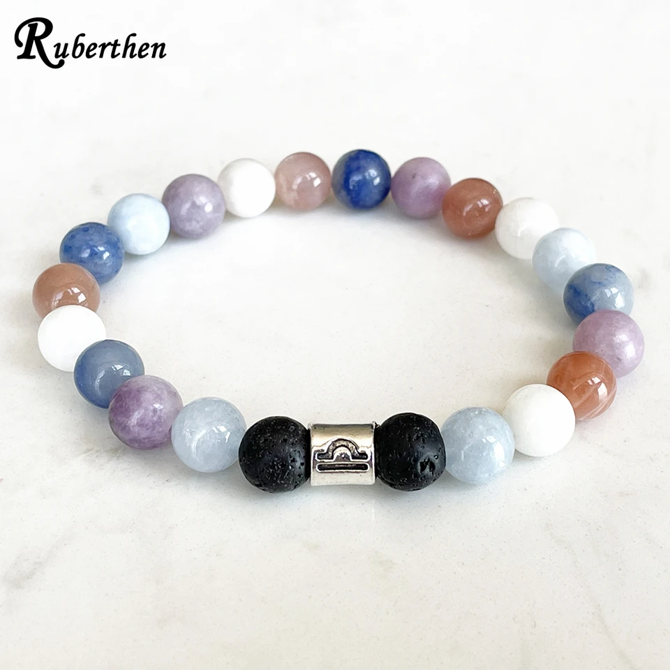 Ruberthen Nový dizajn Váhy Zodiac náramok 8 mm akvamarín Sunstone Blue aventurín zápästie Mala prírodné drahokamy šperky