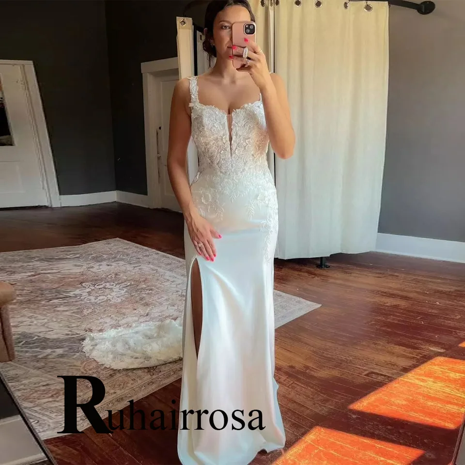 Ruhair Chic Svadobné šaty High Slit Appliques stĺpky bez rukávov Sapghetti Svadobné šaty pre Mariages Prispôsobené