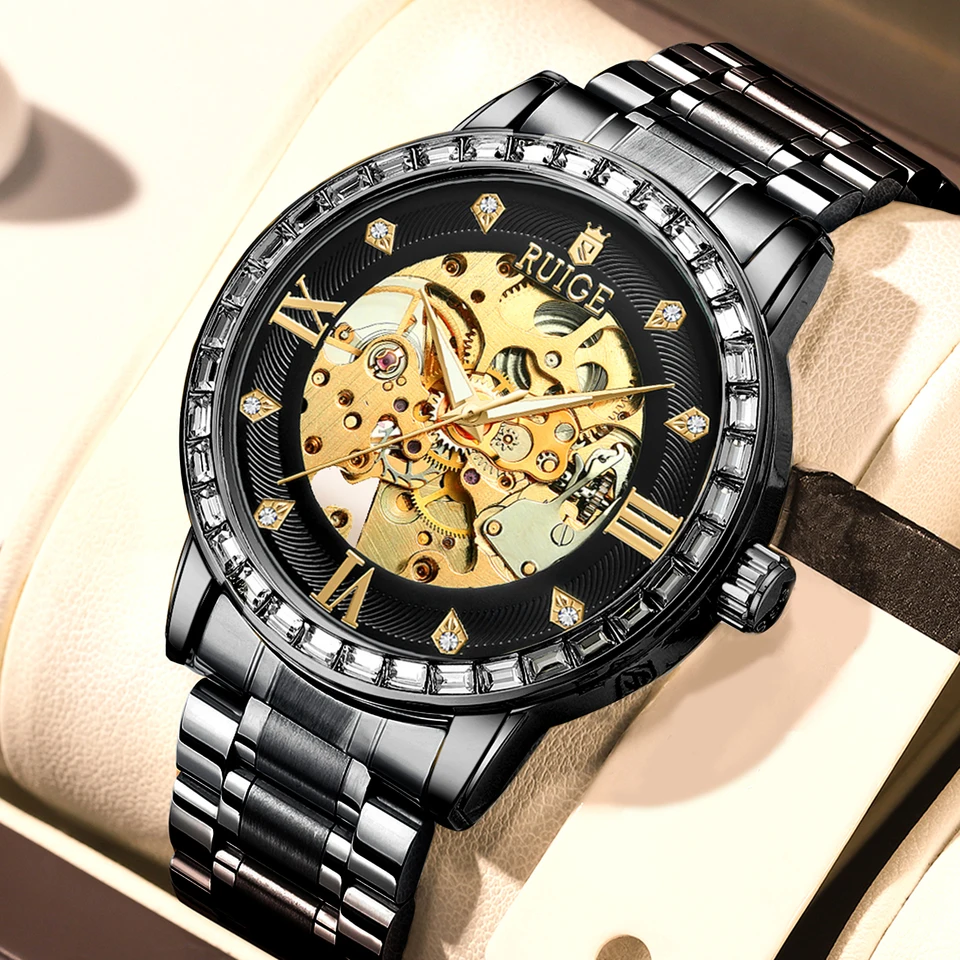 Ruige Luxury Men's Dutlow Out Plne automatické mechanické hodinky Originálne z nehrdzavejúcej ocele Mindy Pánske hodinky Waterproof Glow Watch