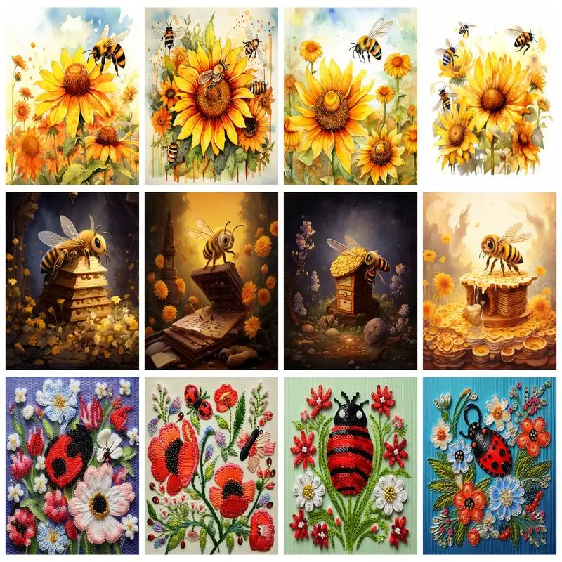 Ruopoty 5D DIY Diamond Painting Animal Bee výšivka slnečnica mozaika kamienok