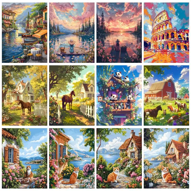 Ruopoty 5D DIY Diamond Painting Krajina mozaika kamienok s výšivkou Full Round Round Cross Stitch Domovod