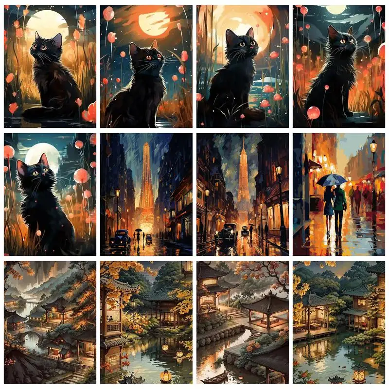 Ruopoty olejomaľba podľa čísel Čierna mačka pod mesiacom digitálna maľba Oil Picture na plátne podľa čísel akrylových súprav