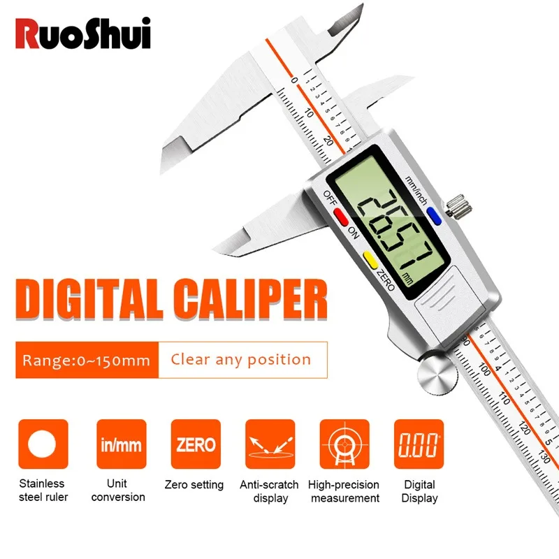 Ruoshui 5150s Digitálny vernier Celiper z nehrdzavejúcej ocele Elektronický 150 mm 6 palcov LCD