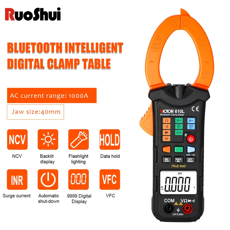 Ruoshui 615b Digital Clamp Multimeter DC 1500V Intelligent napätie testera 6000 Počty Aktuálny frekvenčný podsvietenie NCV OHM Meter