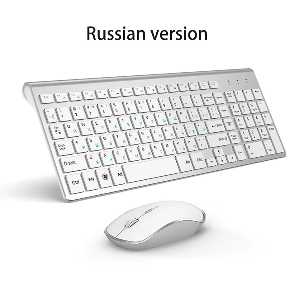 Ruské rozloženie 2.4g bezdrôtová klávesnica a sada myši, ergonomický USB prenosný tenký dizajn, klávesnica v plnej veľkosti Strieborná biela
