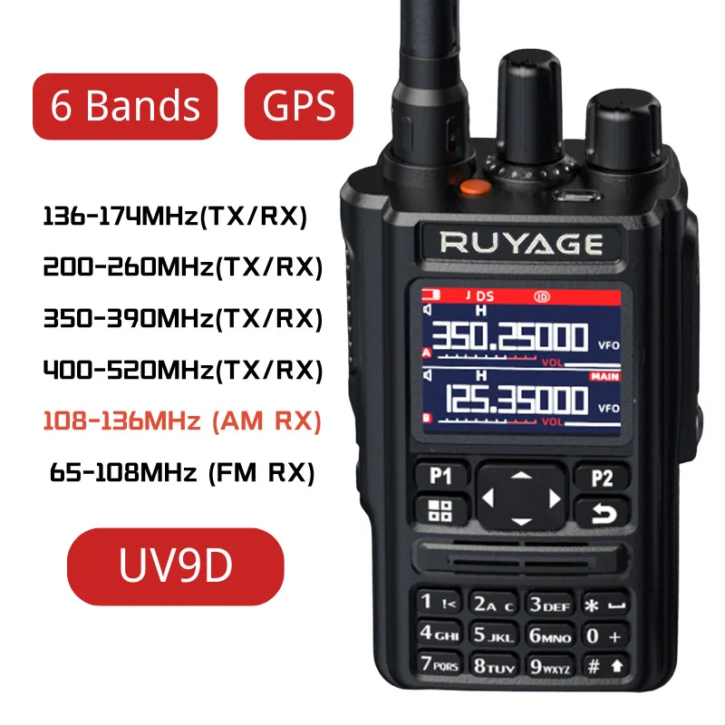 Ruyage-Uv9d Air Band Walkie Talkie, GPS, 6 kapiel, Amateur Ham, 256ch, Vox, DTMF, SOS, LCD farba, policajný skener, letectvo