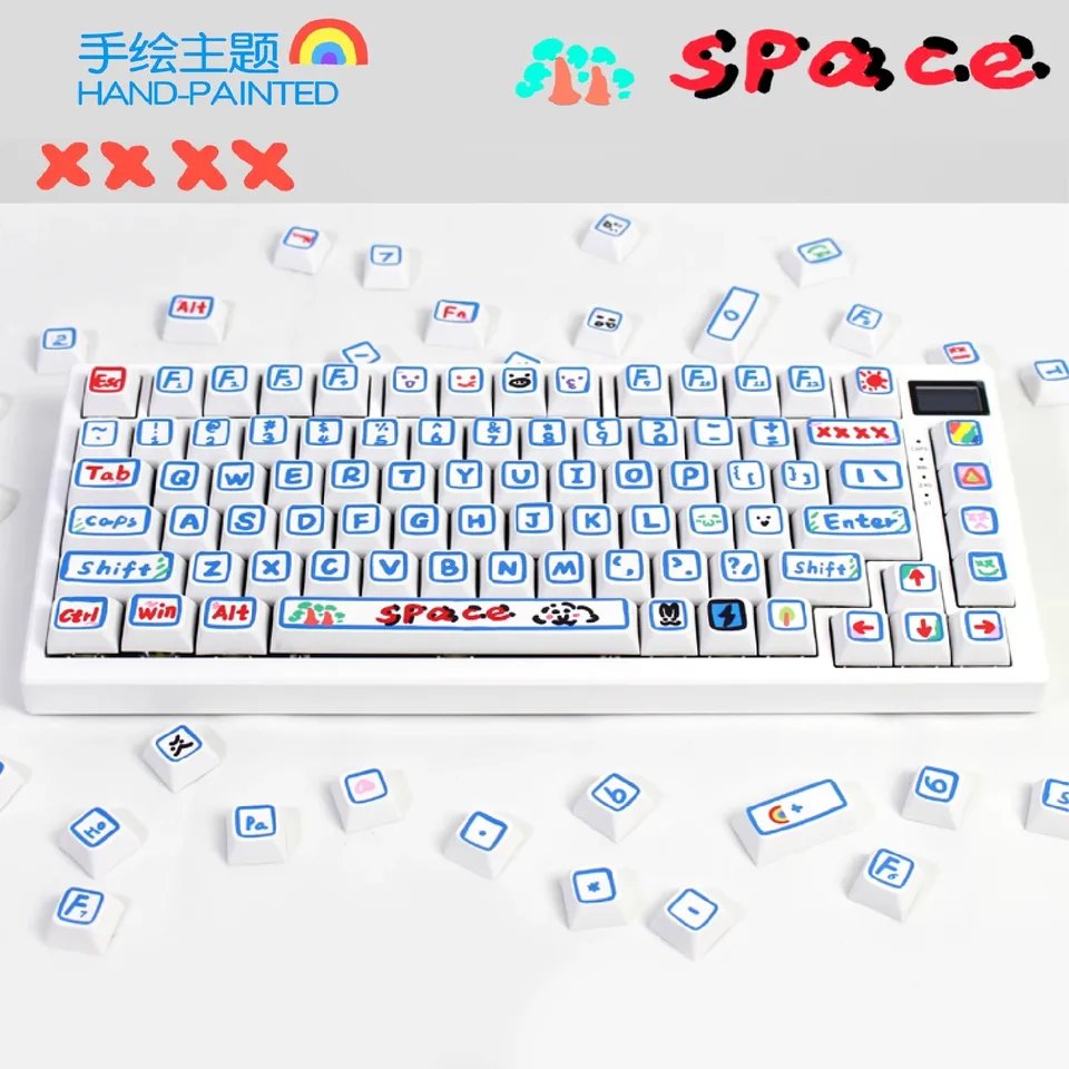 Ručne nakreslené témy Keycaps Set Blue PBT XDA Profil Keycaps pre mechanické príslušenstvo klávesnice Pôvodné vlastné roztomilé čiapky na klávesnicu