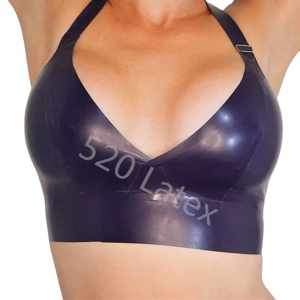 Ručne vyrobený prírodný latex Top Gummi Catsuit Sexy podprsenka Pures Schwarz Badeanzug Bikini Cosplay 0,4 mm latex podprsenka Žiadny oceľový prsteň
