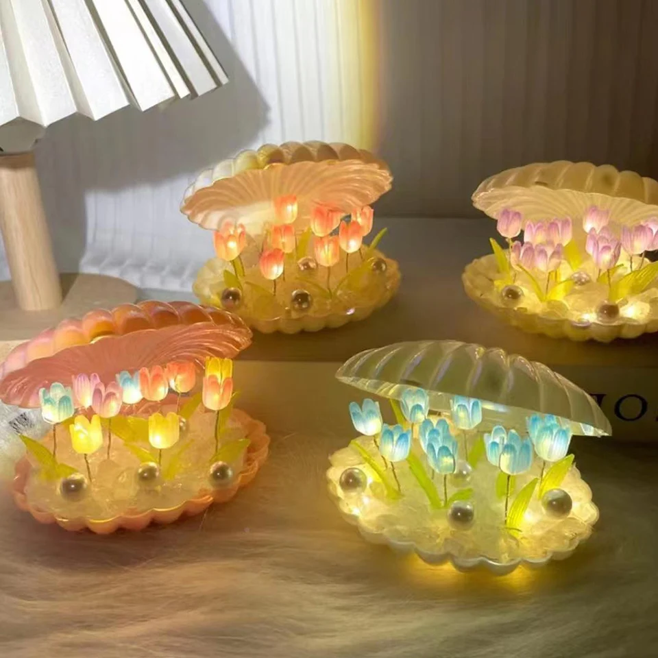 Ručne vyrábané DIY Shell TULIP Malé nočné lampa lôžko na nočné stol