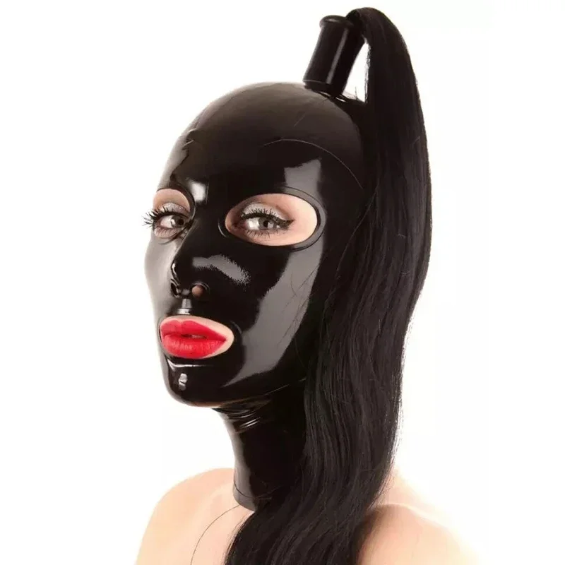 Ručne vyrábané gummi 0,4 mm čierna latexová gumová maska ​​kapucňa s čiernymi vlasmi fetiš fetiš pre večierky latexové bodyysuits