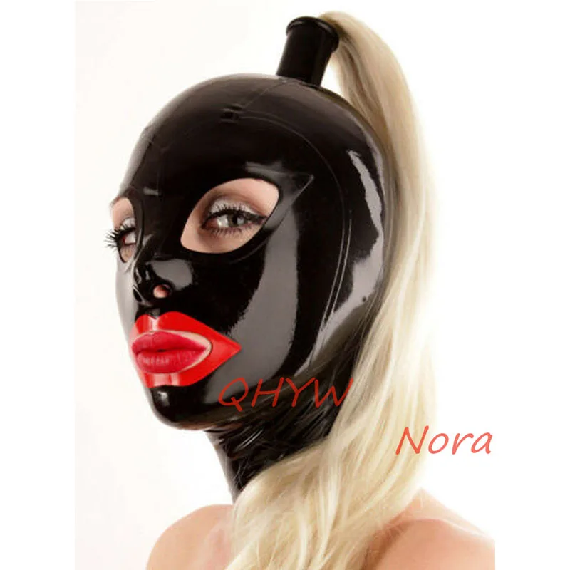 Ručne vyrábané latexové kapucne s blond parochňou cop club nosenie fetišovej gumovej masky čierna s červenými kostýmami Costomize Veľkosť xs-xxl