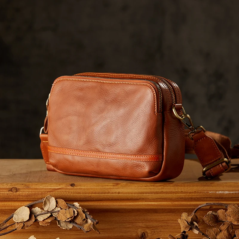 Ručne vyrábané originálne kožené ramenné vrecko Top vrstva CowHide Kožená krížová vrecká na popruh pre mužov Office Double Zipper Messenger Bag Bag