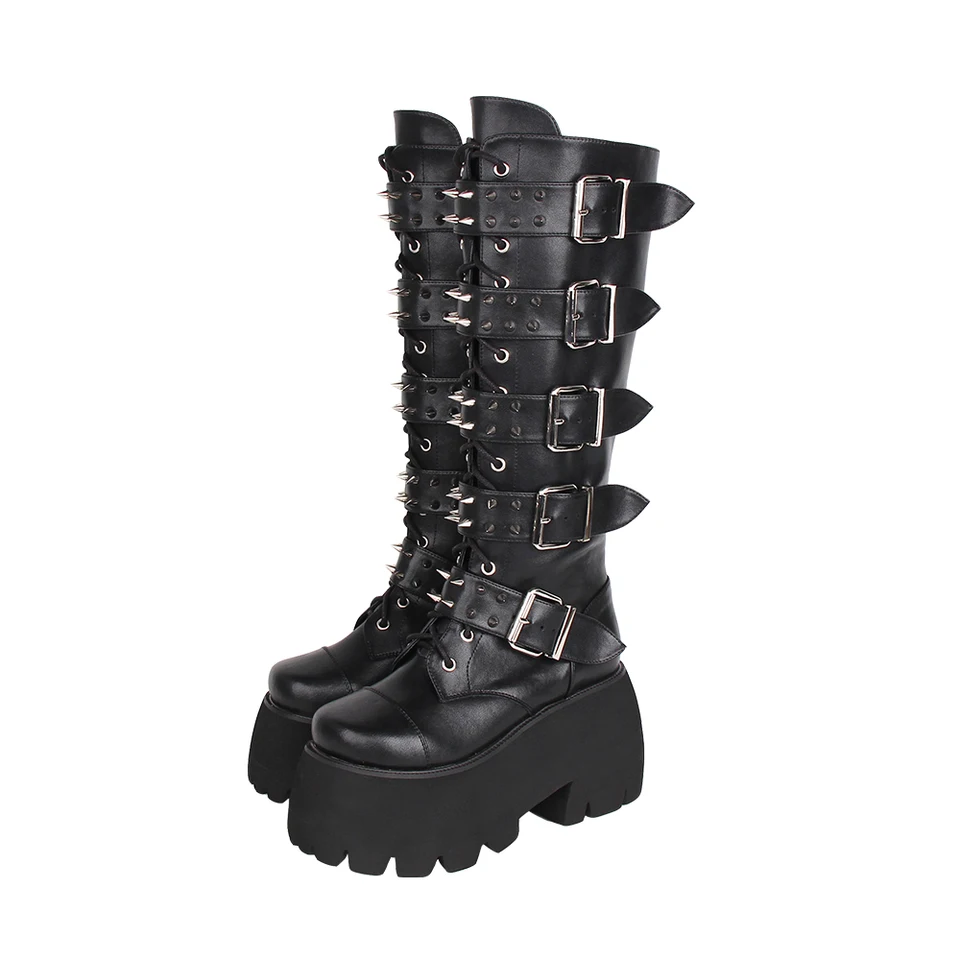 Ručne vyrábané ženské motocykle cool punk topánky Lady Street Dark Style Shoes Woman Gothic High podpätky kliny Pumps Nivets Lace Up 3817