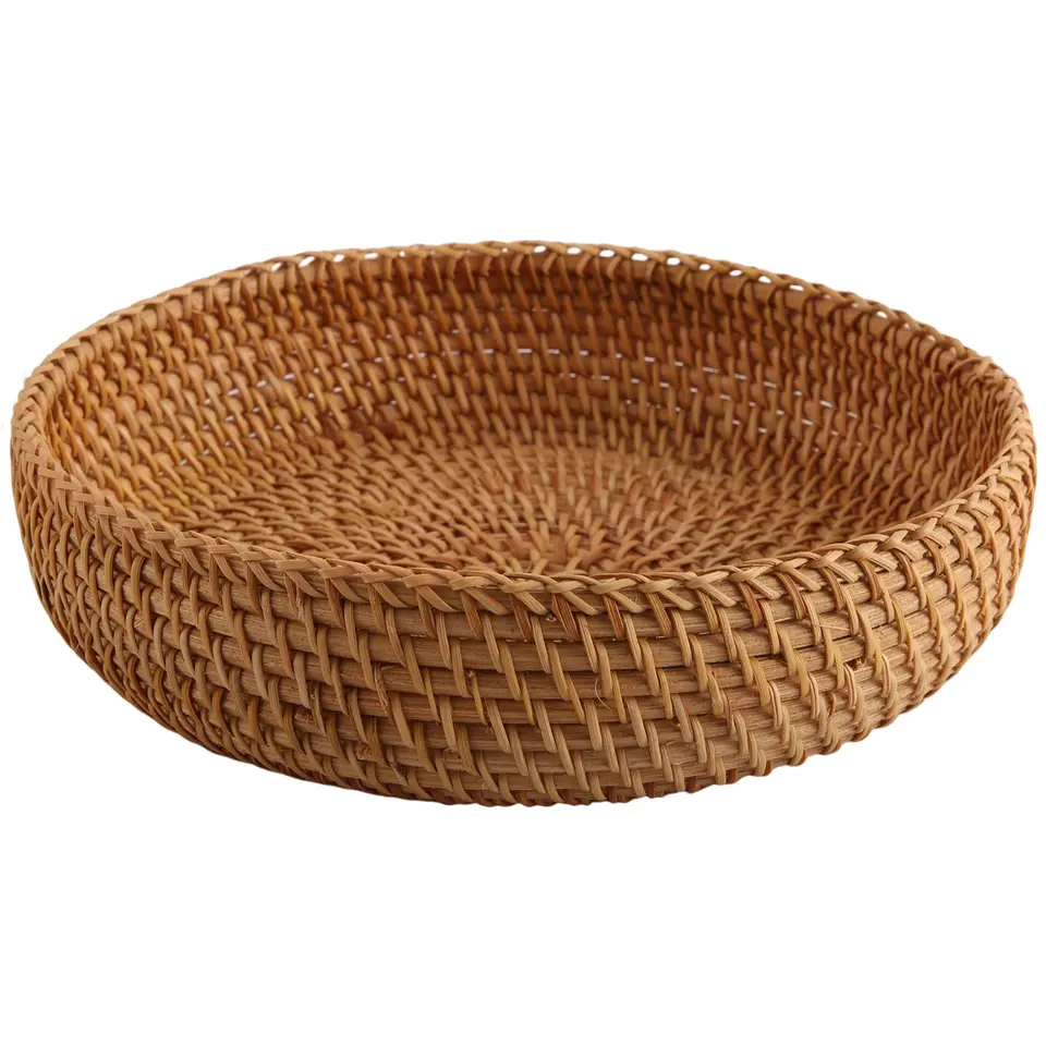Ručne vyrábaný jesenný rattan tkanie okrúhleho skladovacieho koša ovocný misk Rattan Bread Basket pre kuchynské jedlo piknik chlieb