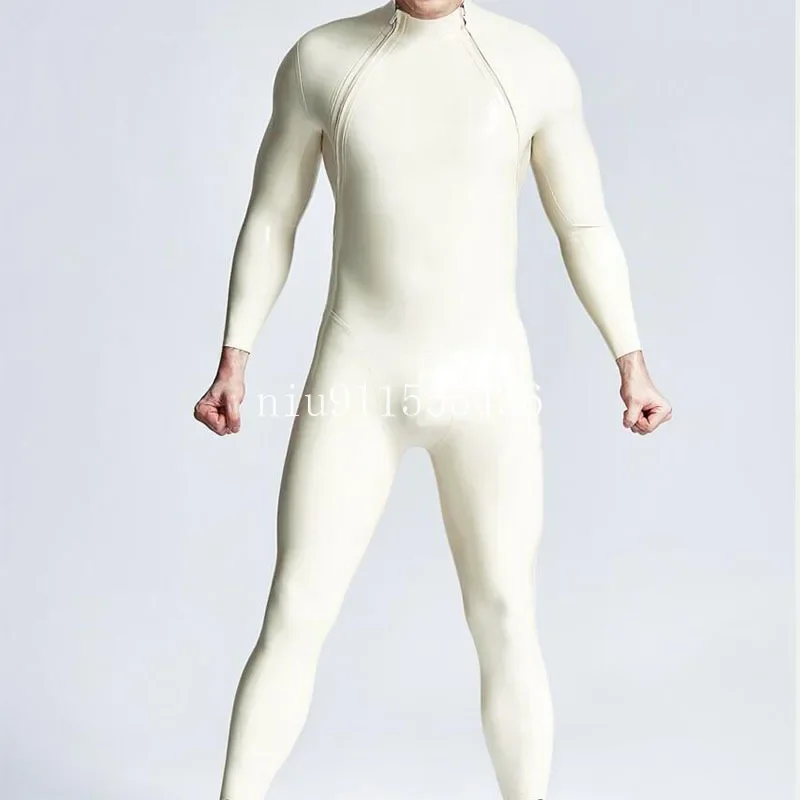 Ručne vyrábaný latexový catsuit mužský gumový bodyit biela farba s 2 prednými zipsami mužov Cosplay kostým
