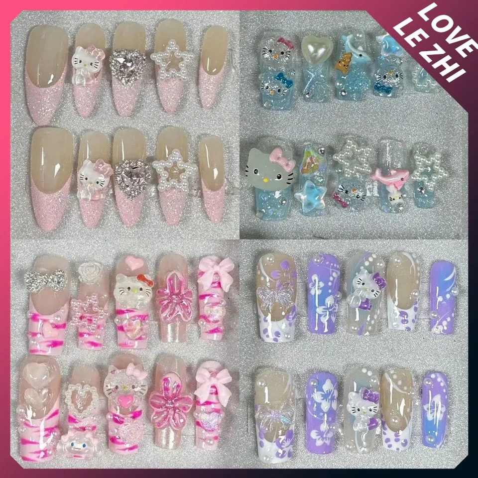 Ručne vyrábaný lis na nechty roztomilé kolekcie falošné nechty Gradient lesklý 3D Hello Kitty Charm Dear