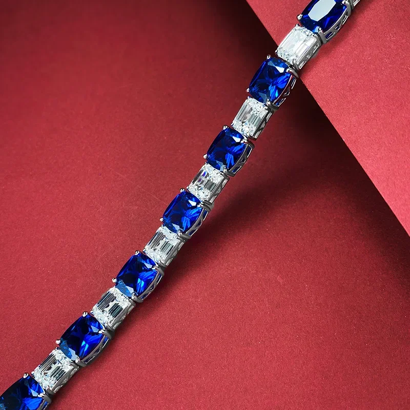 Ručne vyrábaný Sapphire Moissanit Bangle Bracelet 100% Real 925 Sterling Silver Svadobné náramky pre ženy pre ženy sľubné párty šperky