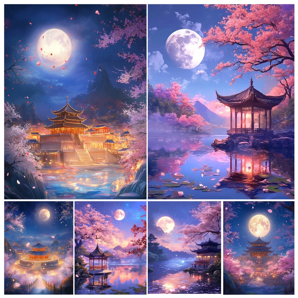 Ručná maľba drevené podkrovie pod mesiacom budova Krajina maľba podľa čísel Kit DIY Artwork Canva Art Home Decoration Gift