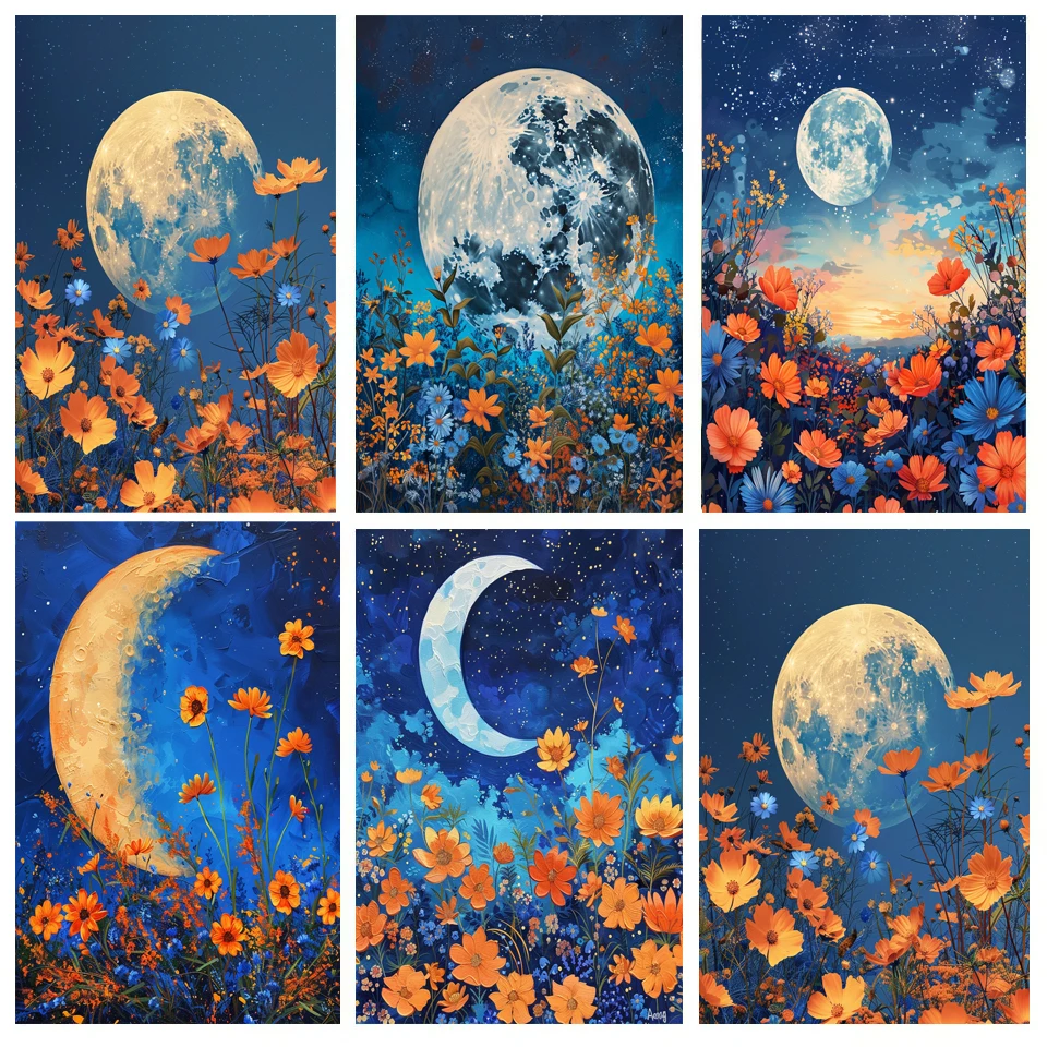 Ručné maľovanie karikatúry Moon Flower Night Krajina maľba podľa čísel Kit DIY Artwork Canva