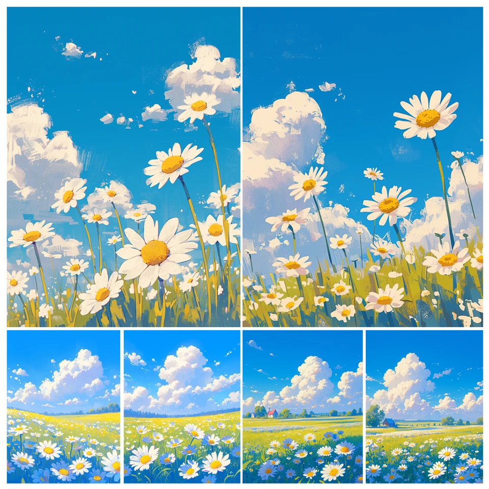 Ručné maľovanie poľa Daisy kvetina obloha krajina DIY akryli maľba podľa čísel Kit DIY Artwork Canva