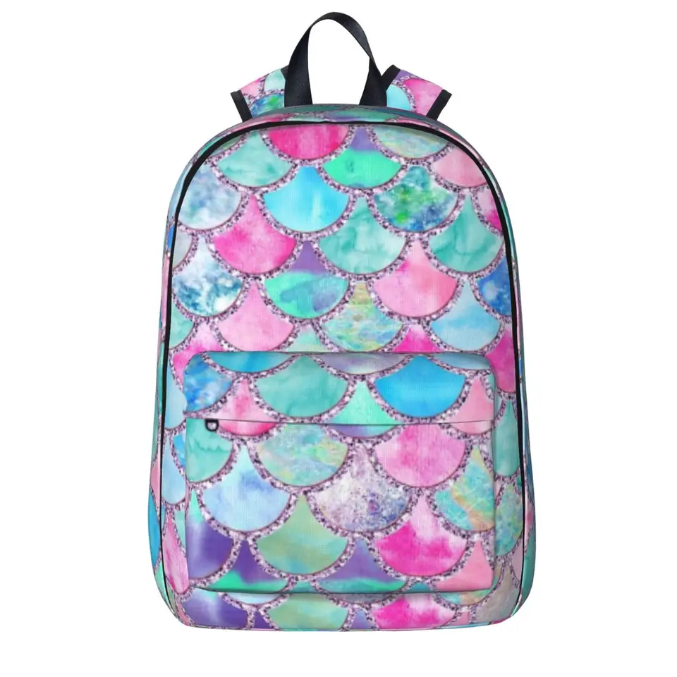 Ružová a modrá akvarely faux trblietky Mermaid Scales Batoh Student Book BAG BAG LAPOP LAPTOP RUCKSACK RUCKSACK