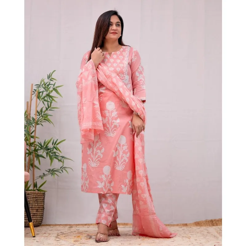 Ružová farba tlačená kurta palazzo s dupatta set žien salwar kameez oblek kurti